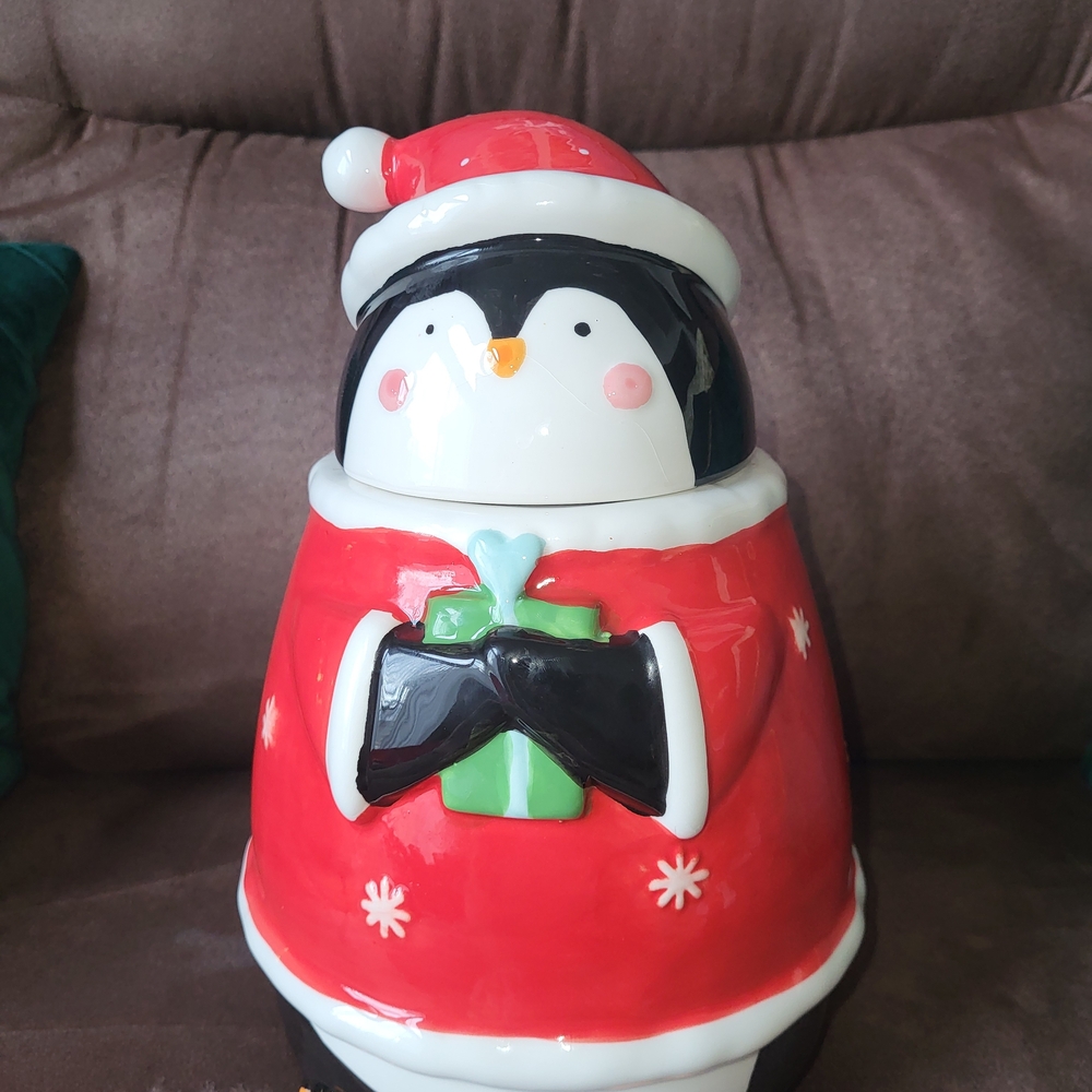 Holiday Time Penguin Cookie Jar - Red, Black, and Green